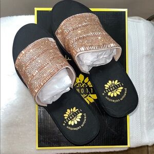 Yellow Box Black and Gold Wedge Sandals